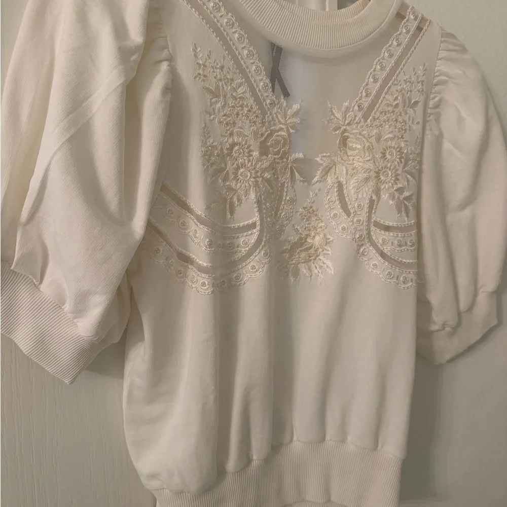 Anthropologie Cream Embroidered Puff Sleeve Blouse